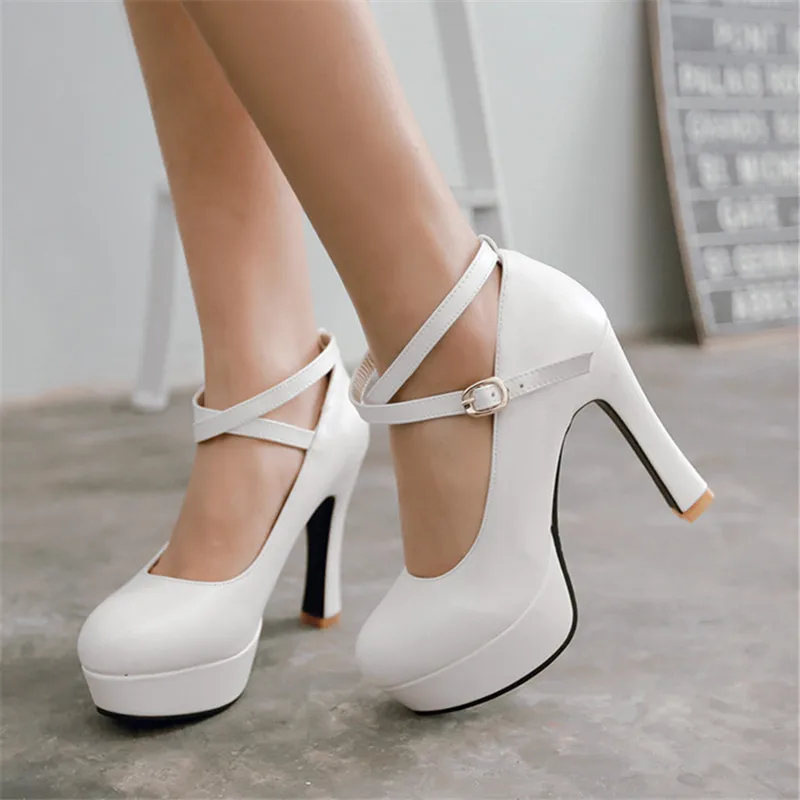 Women Pumps Round Toe High Heels Buckle Strap Platform Shoes Woman
