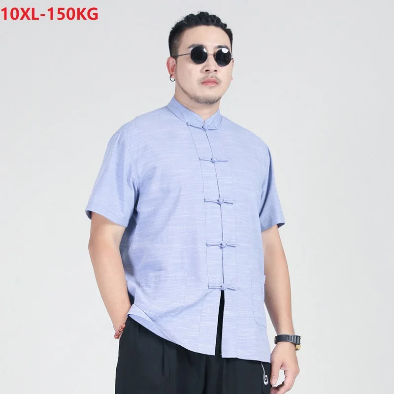 

large size men Chinese style linen shirt short sleeve summer 8XL 9XL 10XL vintage tang suit loose shirt 66 60 62 64 68 70 150KG