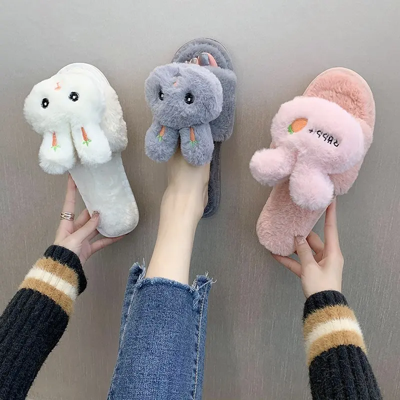 

Women Fur Slippers Winter Plush Warm Flat Indoor Shoes Female Fashion Pattern Home Pink rabbit Women Fluffy Slippers Slides