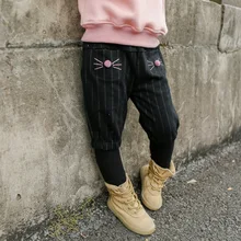 Брюки для девочек в Корейском стиле; шерстяные брюки в полоску с котом; детская одежда