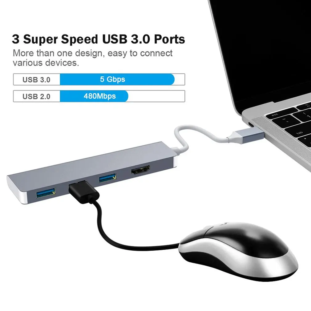 Изысканный дизайн USB-C концентратор type-C адаптер для HDMI 3 USB 3,0 Портативный Алюминиевый USB C Ключ серый