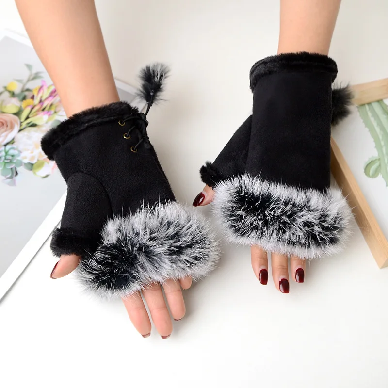 Women Fingerless Gloves Soft Half Finger Faux Fur one Pom Warm Fur Lined 