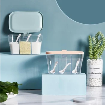 

Spice Seasoning Storage Box with Spoon 3-compartment Spice Box Storage Container Condiment Jars for Spice Sugar Salt