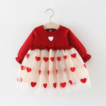 

Baby Girls Tulle Princess Dress Love Heart Printed Patchwork Toddler Kids Long Sleeved Ruched Ruffles Casual Dresses 6M-3T A20