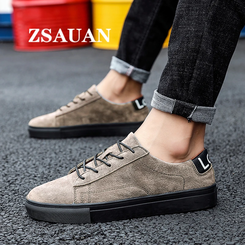 

ZSAUAN Casual Men Flats Lace-up Pig Suede Leather Men Sneakers Student Comfortable Daily Men Footwear