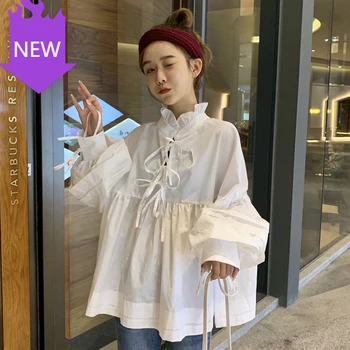 

Blouse Cross Lace Up White Black Women Top Blusas Sweet Stand Neck Doll Shirt Female Autumn Korean Puff Sleeve