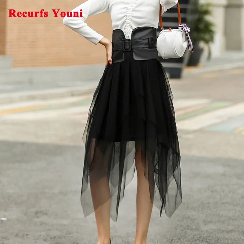 

Stylish Korean Cute Women Genuine Leather Skirts With Girdle Female Long Midi Saias Mujer Fairy Tulle Skirt White/Pink Tutu Jupe