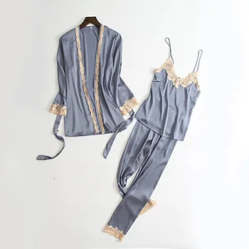 

Satin Nightgown Women 3PCS Strap Top&Pants Pajamas Set Sexy Sleepwear Bride Bridesmaid Wedding Robe Gown Casual Homewear