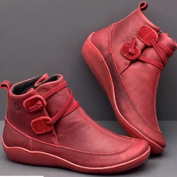 

Women's Shoes PU Leather Vintage Ankle Boots Women Short Plush Winter Ladies Cross Strap Flat Ladies Shoes Woman Botas Muje