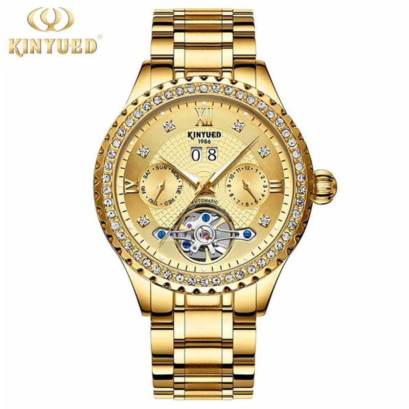 

Top Brand Luxury Kinyued Mens Automatic Mechanical Watches Gold Black Tourbillon Watch Men Auto Date relogio automatico homem