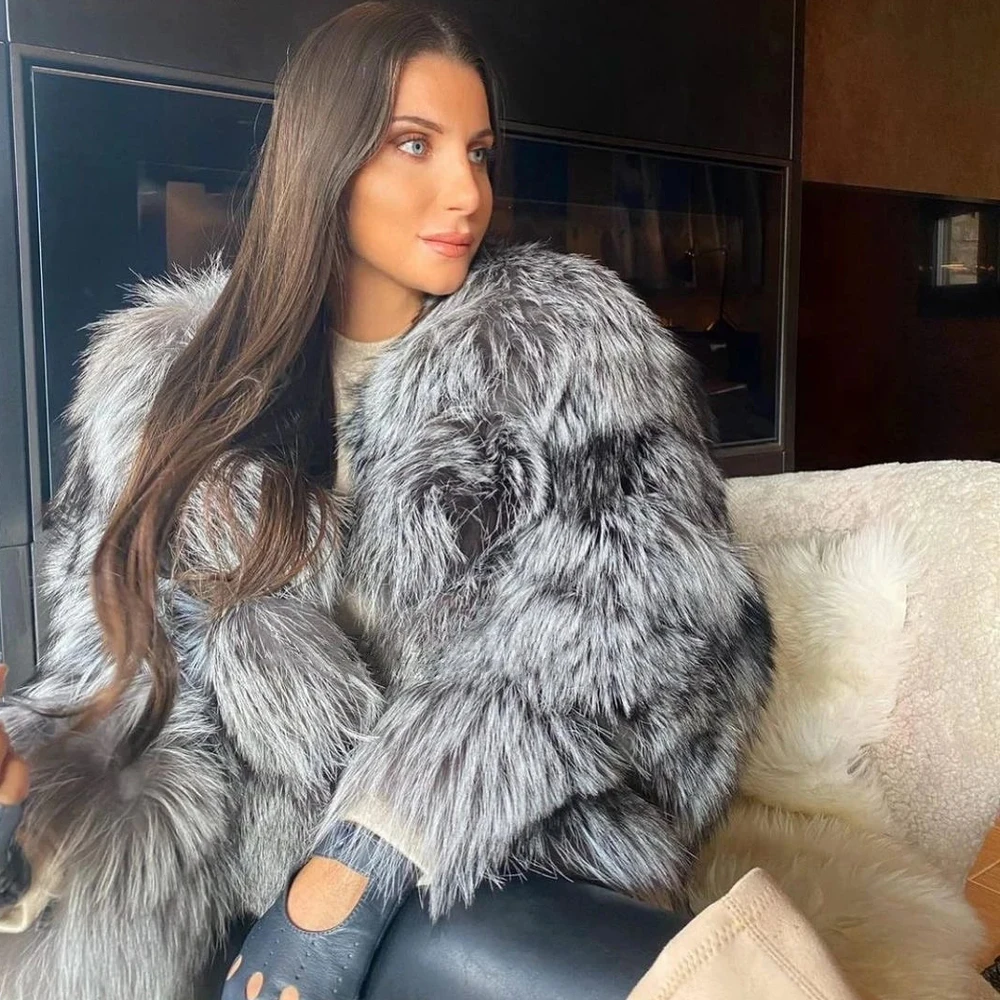2022 Fashion Short Real Silver Fox Fur Jacket Round Collar Woman Winter New Genuine Whole Skin Silver Fox Fur Coat Luxury Woman