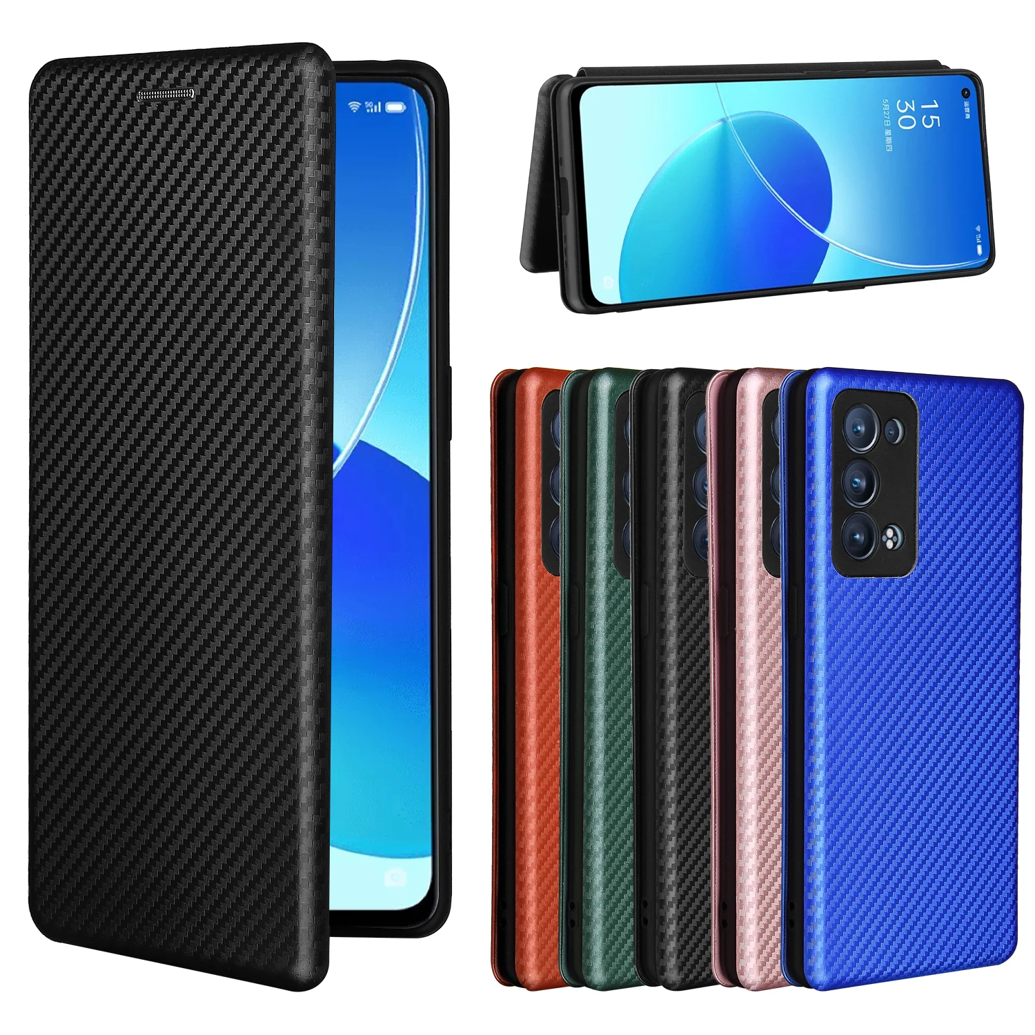 OPPO Reno 6 Pro Plus 5G 케이스, 탄소 섬유 플립 가죽 케이스 OPPO Reno6 Pro 비즈니스 마그네틱 지갑..