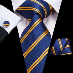 C-3136 Для мужчин галстук синий Шелковый тканый галстук новый полосатый одноцветное Hanky набор запонок классический Бизнес Свадебные платок
