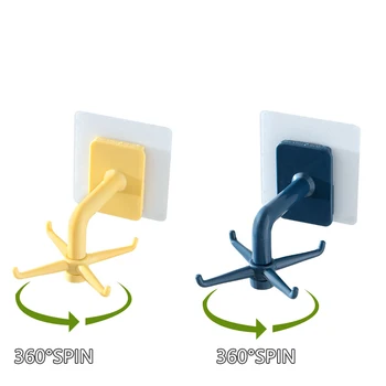 

4 Hooks 360 Rotative Wall Hanging Hook Key Holder Self Adhesive Treamless Kitchen Storage Bathroom Accessorries for Wall Decor