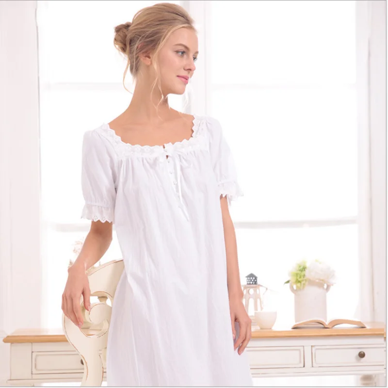 Summer Female Sweety Lace Lovely Sleepshirt Ladies Cotton Long Nightgown Women Short sleeve Square collar sleepshirt