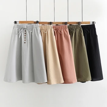 

Lace Up Button Summer Women Skirt 2020 Elastic High Waist A Line Skirt Elegant MEDIUM Long Pleated Skirt Femme Skirts