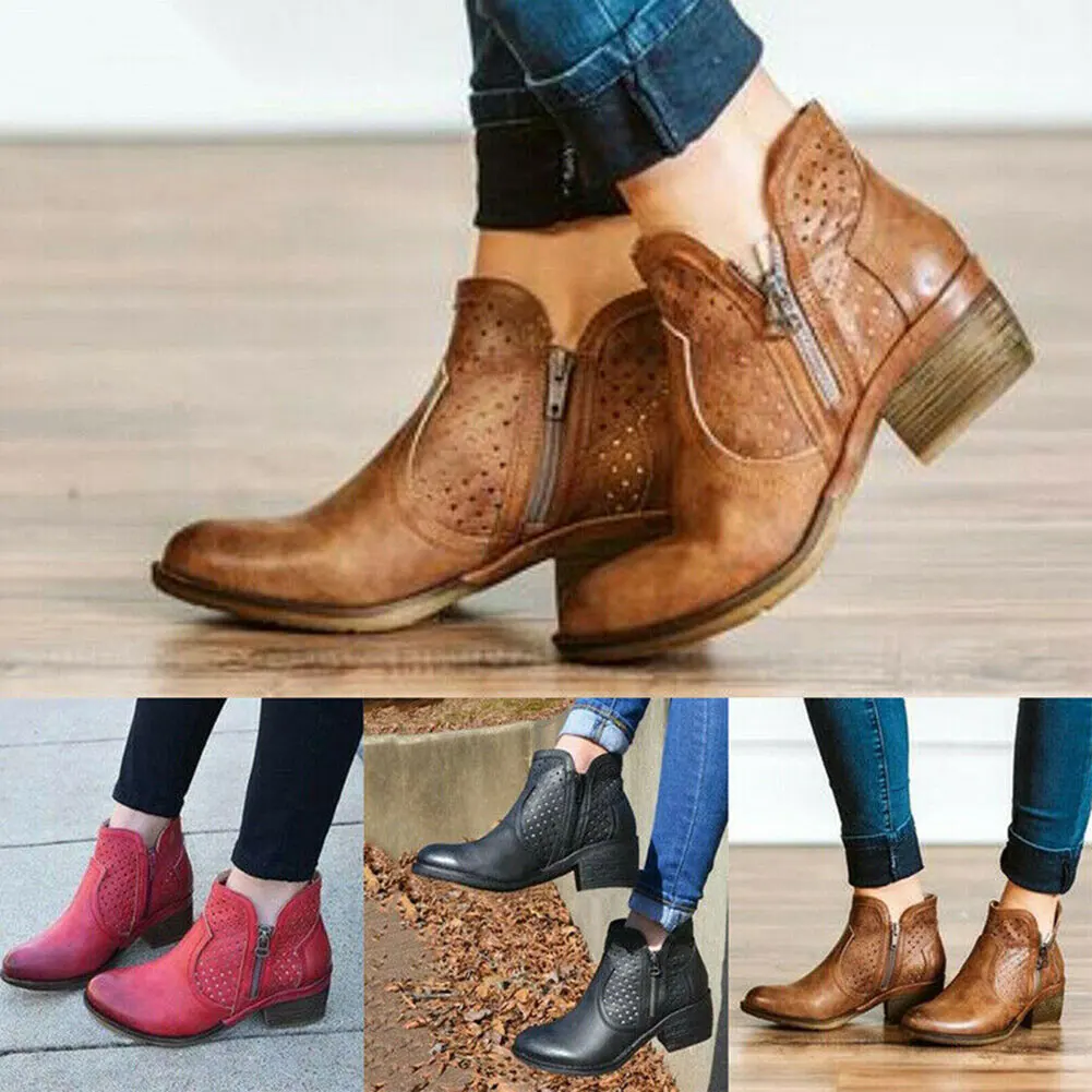 

Newly Women Ankle Boots Low Chunky Heel Side Zipper Travel Leather Shoes SD669