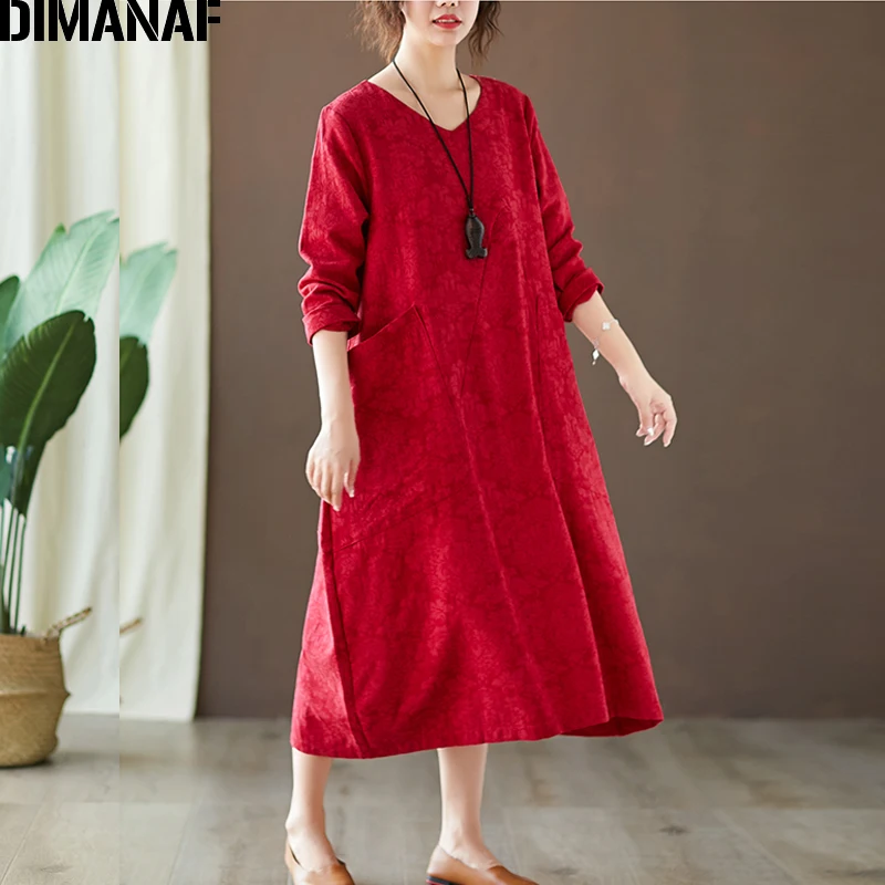 YiS91337CN-red DIMANAF женское платье большого размера, Осеннее винтажное китайское Стильное элегантное хлопковое льняное свободное женское жаккардовое платье с цветочным рисунком - Цвет: YiS91337CN-red