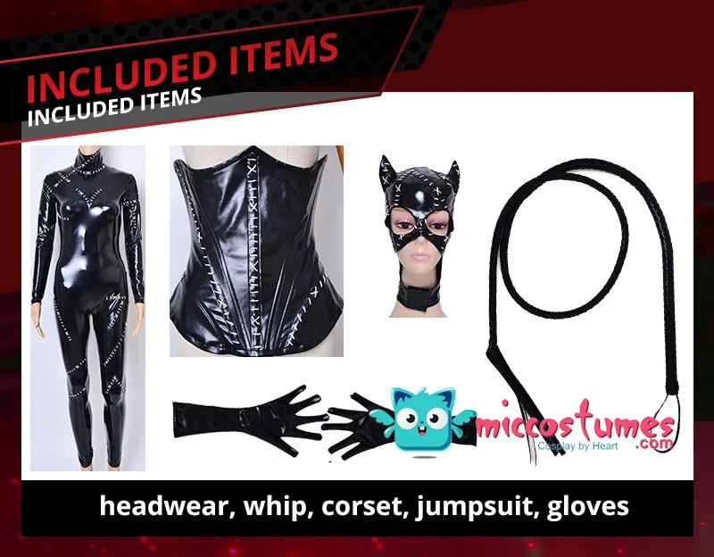 Cat Woman Jumpsuit Cat Suit Cosplay Costume with Headwear Whip Corset Gloves 