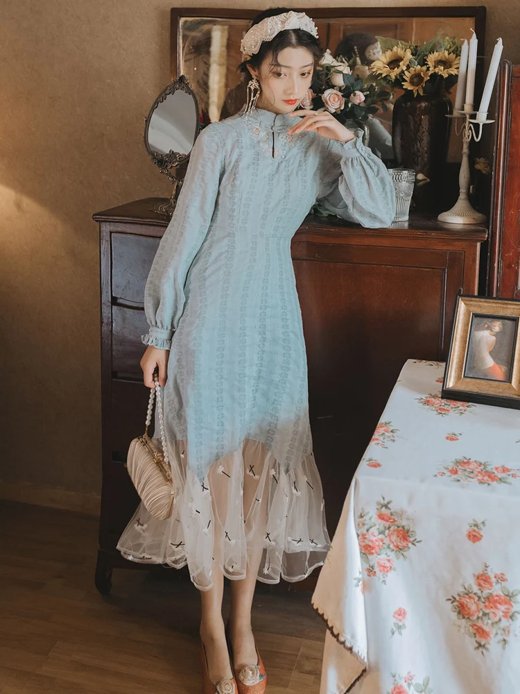 Improved qipao dress autumn/winter sweet young girls long-sleeved dust