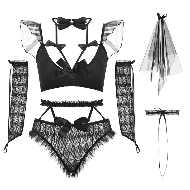 5pcs Women Lace Push Up Bra Erotic G-String Stocking Bride Gift Girlfiend Sexy Bride Female Perspective Lingerie Wedding Dress