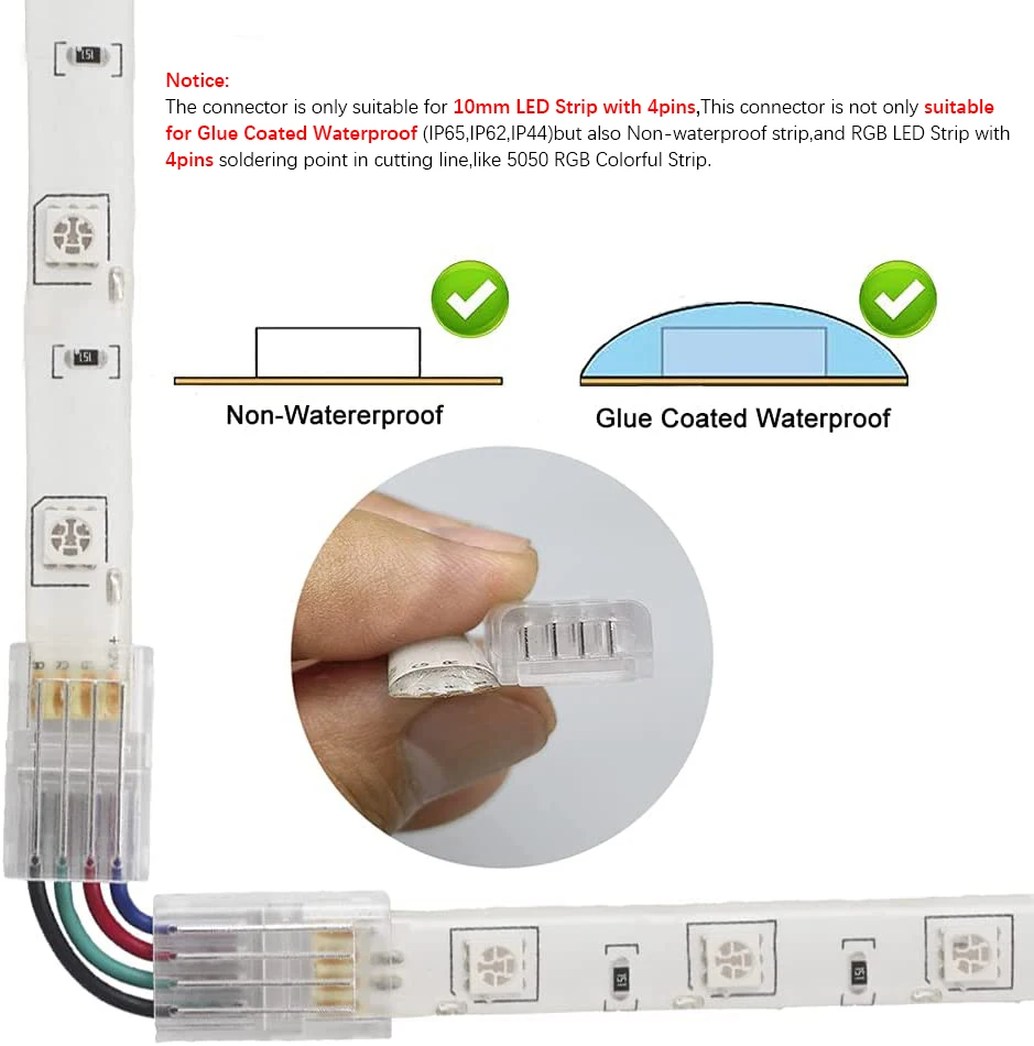 Connecteur de bande lumineuse RGB LED, 4 broches 5050, 10mm, 5 pièces, pour  bande étanche IP65 à usage filaire - AliExpress