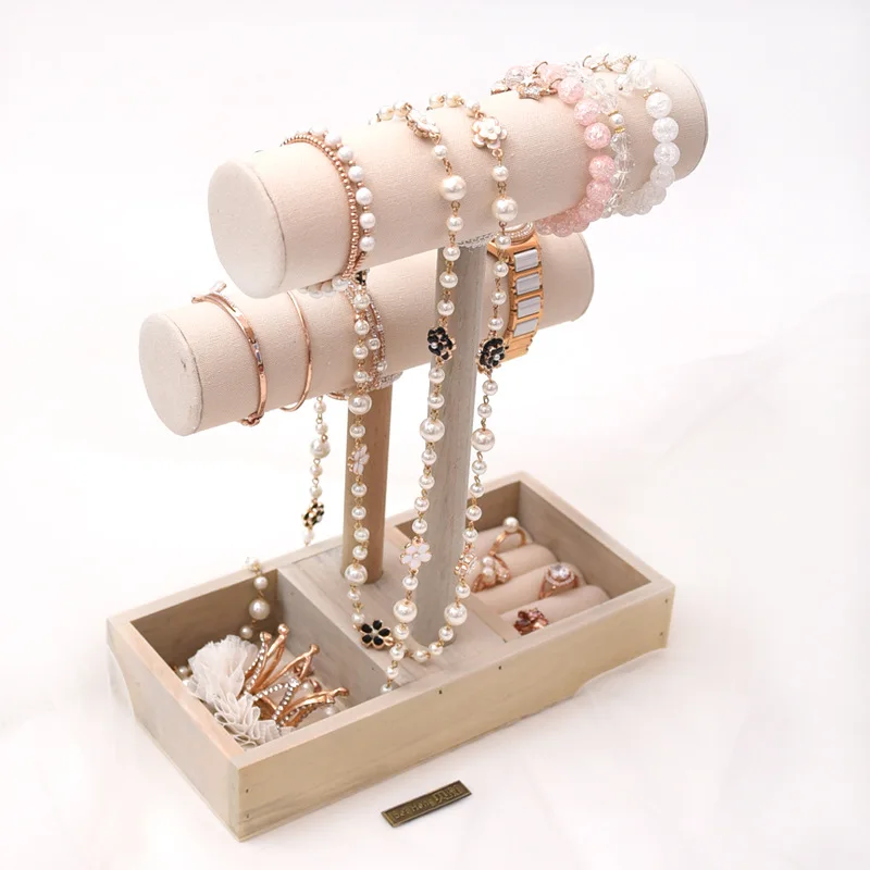 2-layer Vintage Linen/Wood Bracelet Chain Watch T-Bar Rack Jewelry Organizer Hard Display Stand Holder