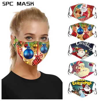 

5PC PM2.5 Breathable Christmas Face Mask Printed Masks Fabric Protective Dust Mouth Cover Washable Reusable With Filters Pocket