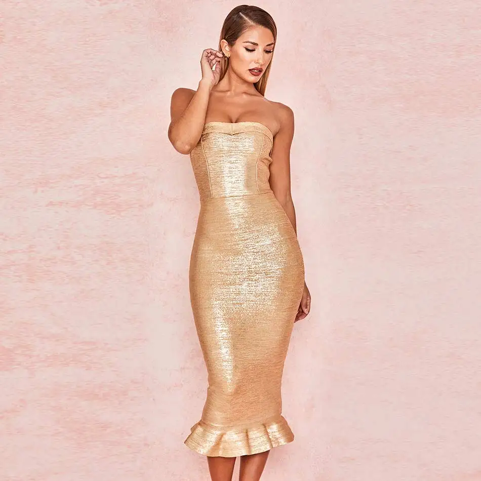 Женское Бандажное платье русалка золотистое модное вечернее без рукавов