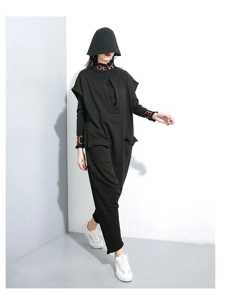[EAM] Loose Fit Women Black Pocket Split Big Size Jumpsuit New High Waist Pocket Stitch Pants Fashion Spring Autumn 2020 1K031