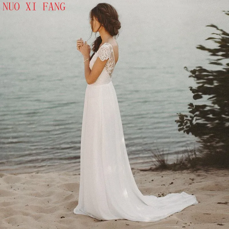 2020 Hot Sale Cheap Beach Wedding Dresses V Neck Cap Sleeve A-line Chiffon Skirt Lace Top Open Back Boho Wedding Gowns