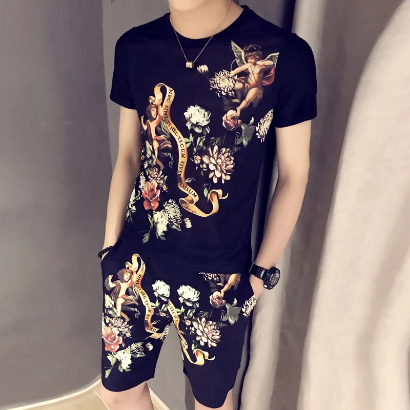 

Summer Casual T-shirt + Shorts Two-piece Sportswear Summer Tracksuit For Men 2020 Spring T-shirt Set Print Trainingspak Heren
