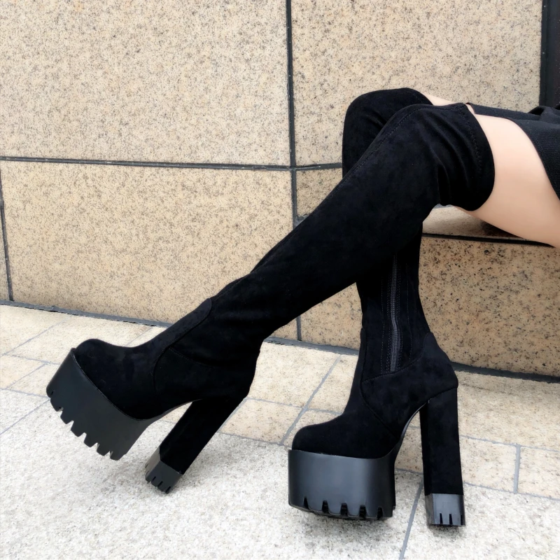 Over-The-Knee Long Boots Suede 14Cm High Heel Womens Boots Waterproof Platform Square Heel High Tube Boots Sexy Stretch Boots