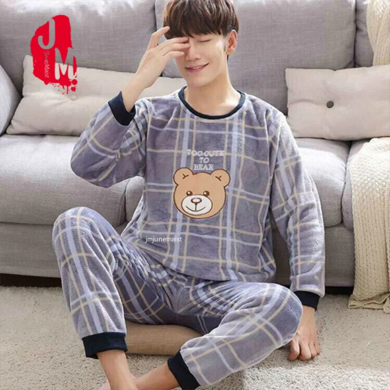 Winter Thick Warm Blue Flannel Pajama Sets For Men Long Sleeve Coral Velvet Sleepwear Suit Loungewear Homewear Home Clothes