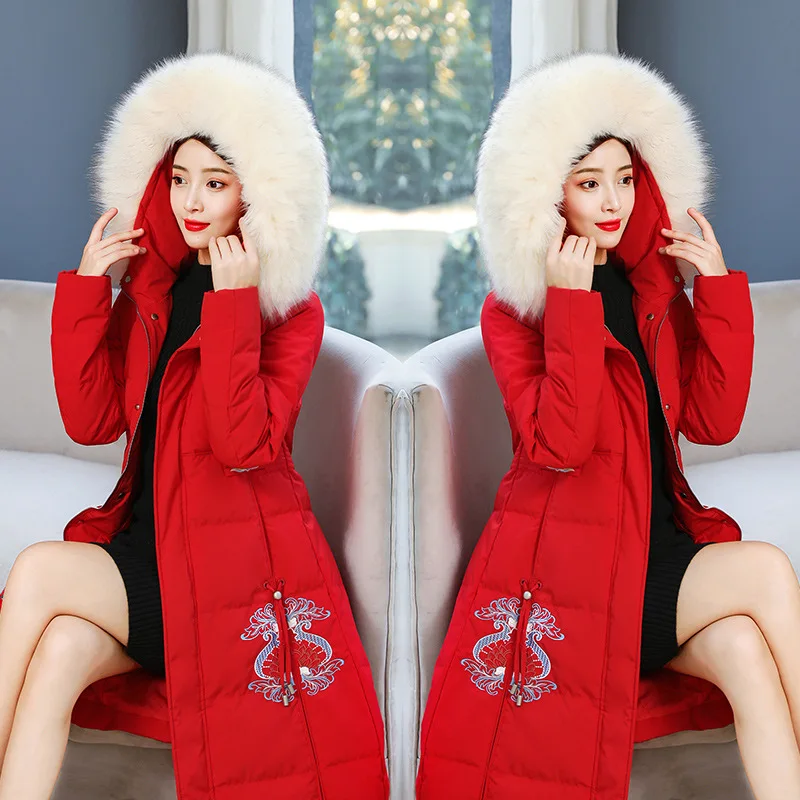 

Chinese-style Embroidered down Jacket Cotton-padded Clothes Women's Long Coltsfoot 2019 New Style Slim Fit Thick Fur Collar Cott