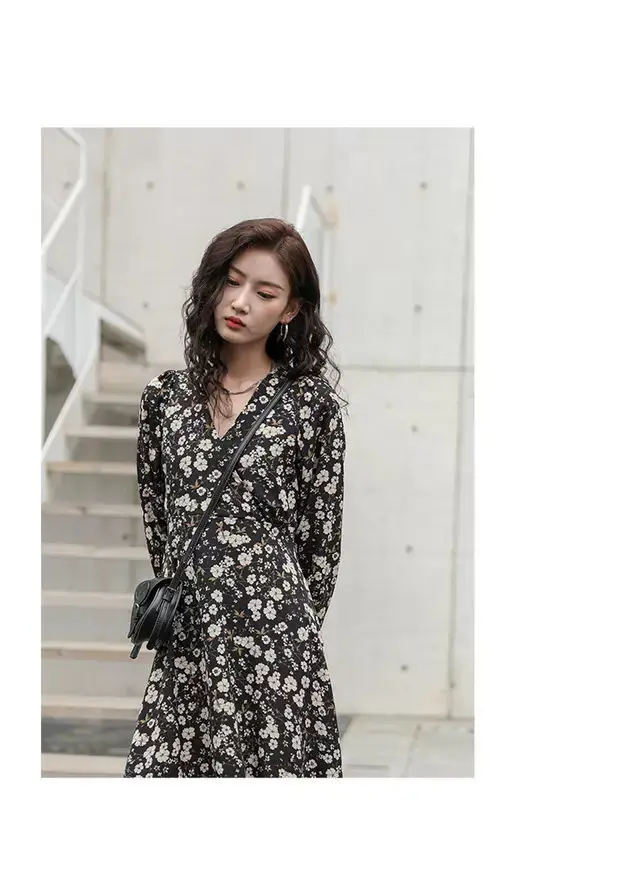 Long Sleeve Dress Women Floral Printing Temperament All-match Leisure A-line V-neck Stylish Female Streetwear Vestido Ulzzang wrap dress