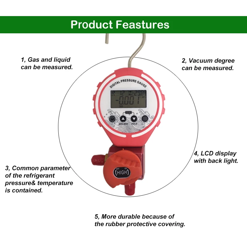 Pressure Gauge Manifold Refrigeration Manifold Tester Meter Digital Vacuum Pressure HVAC Temperature Tester Freon Pressure