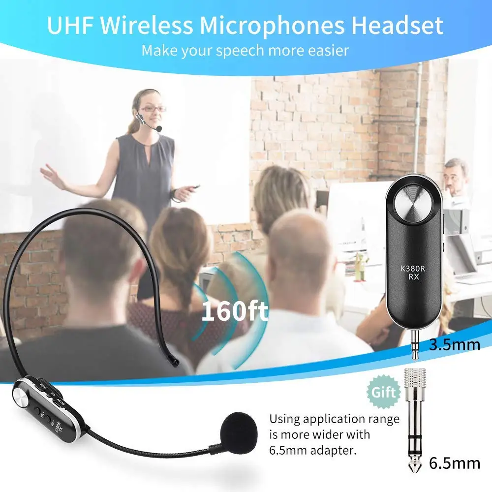 Tour Guides Stage Speakers Wireless Microphone Headset UHF Wireless Mic Headset for Teacher,Voice Amplifier Fitness Instructor 