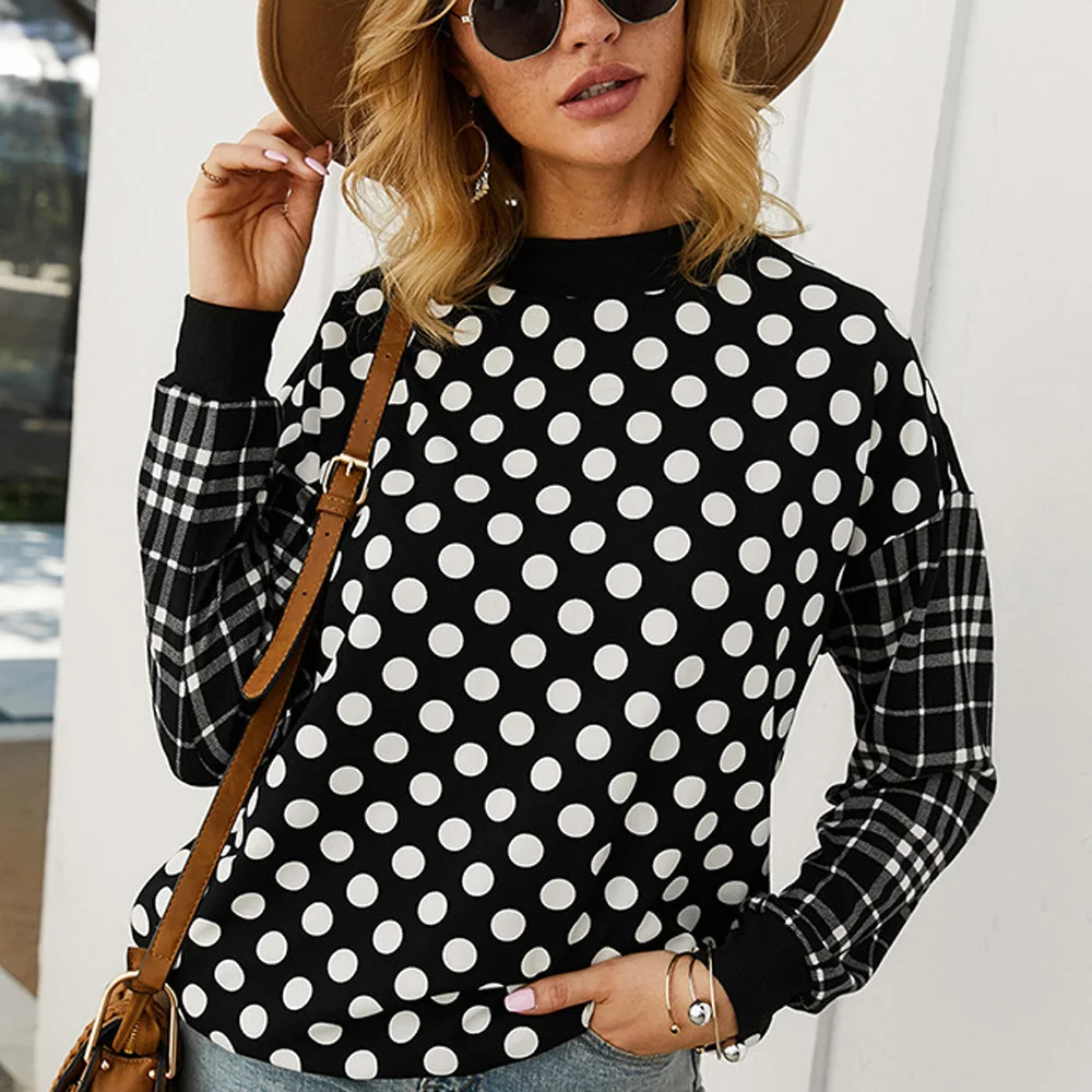 Black Women hoodies tops Polka Dot Plaid Long Sleeve Pullover Tops Splicing Casual Warm autumn lady loose fashion sweatshirt