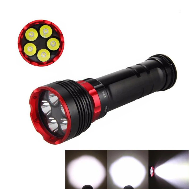 

Underwater 30m XM-L2 x5 diving scuba flashlight 18650x6 battery 6000lumens 3 switch modes powerful torch dive flash light DX5S