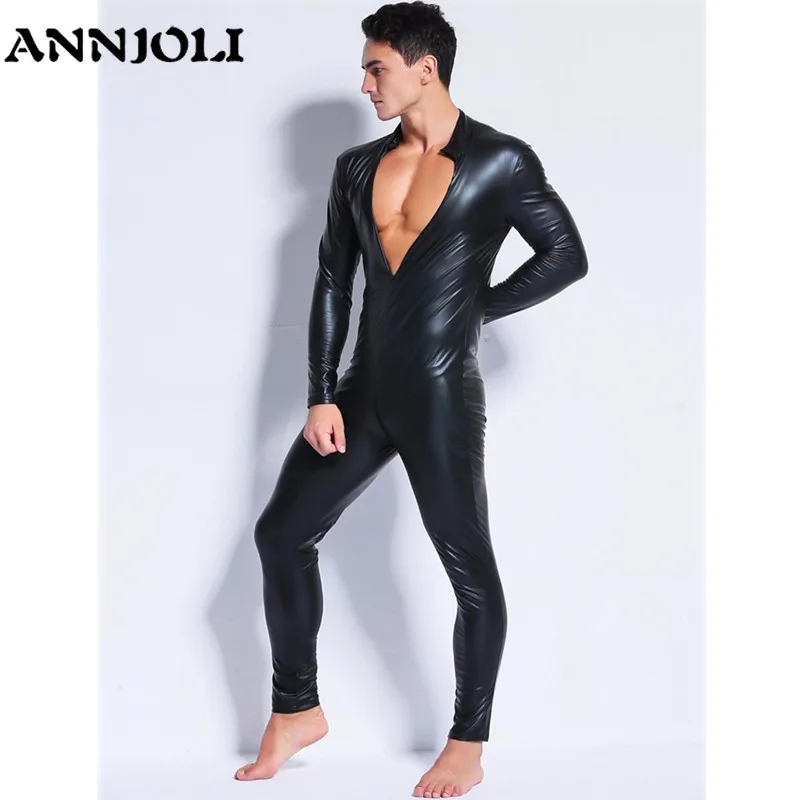 ANNJOLI Plus Size Hot Men Sex Wetlook Faux Leather Latex Catsuit Bodysuit Erotic Slim Tight gay fetish Wear Open Crotch Clubwear