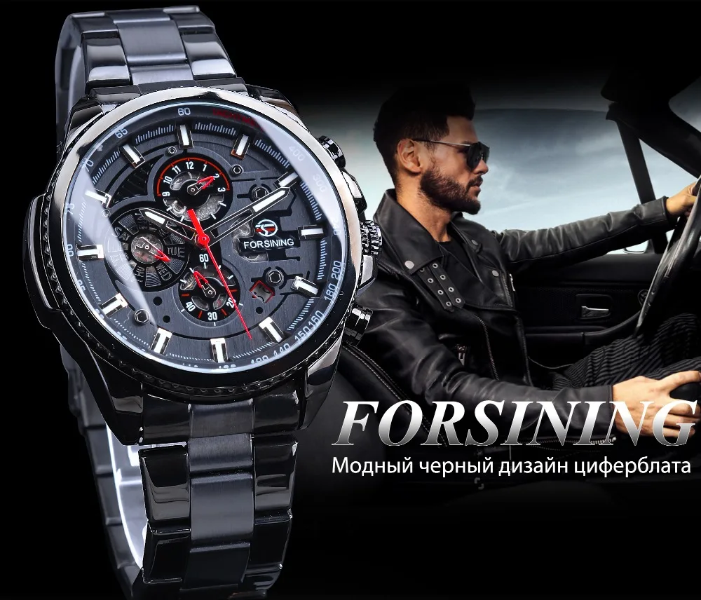 Forsining три набора календари дисплей Черный Нержавеющая сталь для мужчин автоматические наручные часы лучший бренд класса люкс Военная