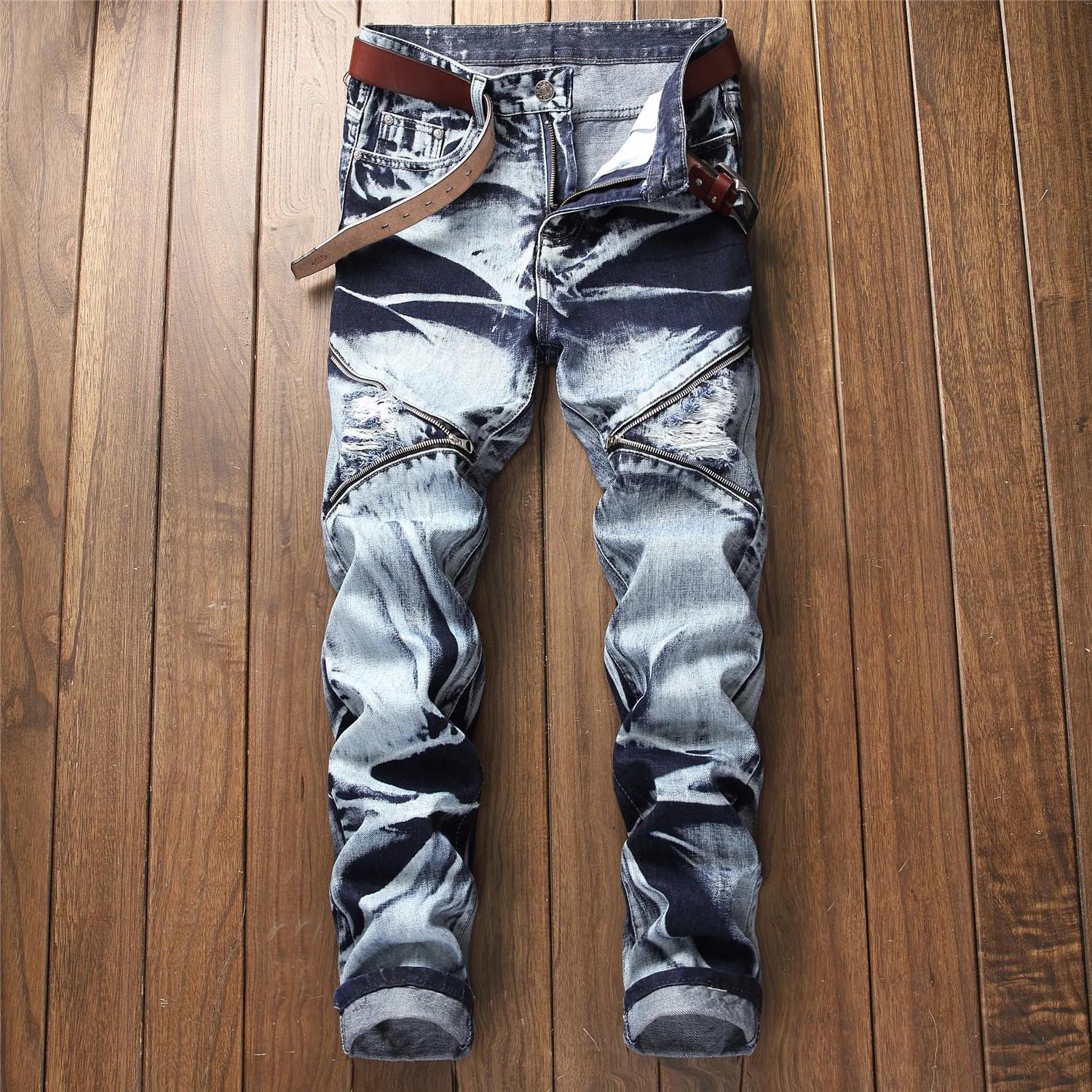 

Men's Pleated Biker Jeans Slim Fit Designer Motocycle Denim Trousers For Male Straight Washed Multi Zipper Pants