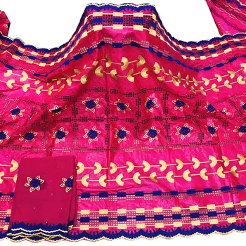 

African Bazin riche fabric Fuchsia with net scarf embroidery lace / bazin riche dress material 5+2yards/set for sewing G26-30