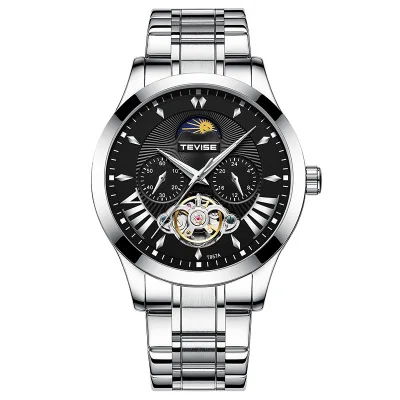 Silver-Black TEVISE Топ бренд класса люкс automatic Tourbillon Мужские механические часы модный стальной ремень Moon Phase светящиеся водонепроницаемые часы - Color: Silver-Black