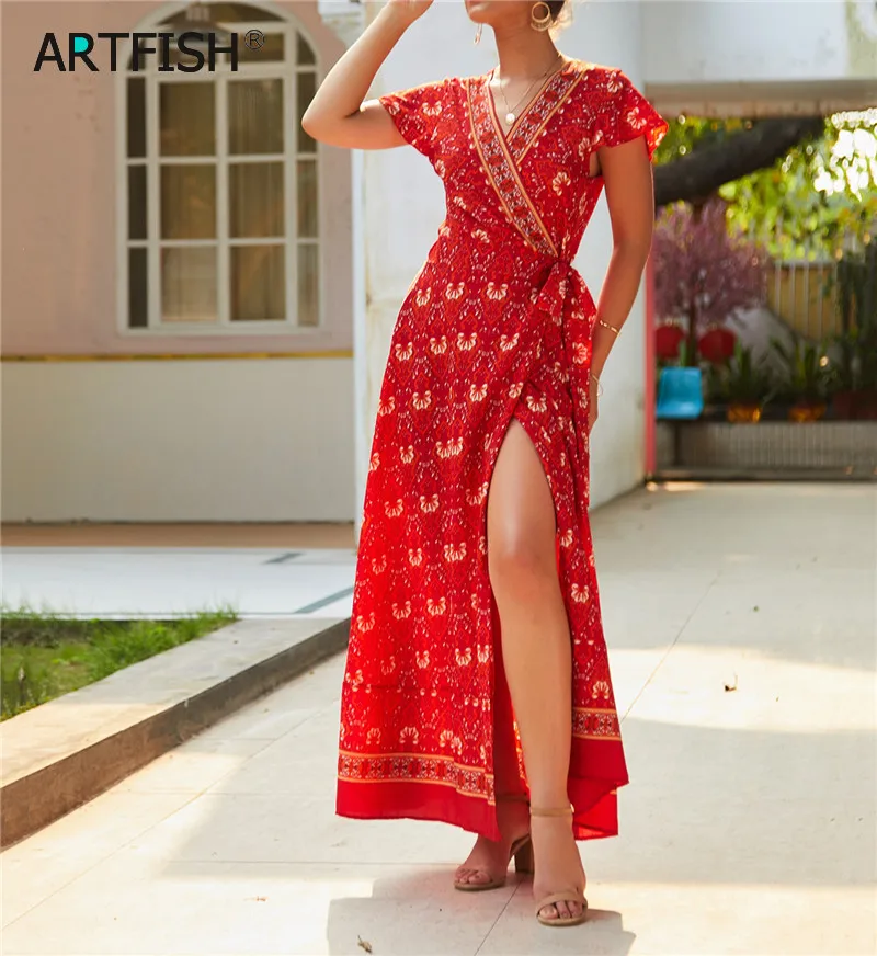 Ceny 2019 letnia sukienka w stylu indie folk kobiety Sexy nadrukowana kokardka Holiday Beach sukienki typu wrap dekolt w szpic sukienka boho elegancka letnia sukienka imprezowa