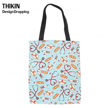 

THIKIN Cute New Nurse Print Pattern Shopping Bags for Girl Cartoon Students Book Bag Ladies Capacity Travel Canvas Tote Bolsa