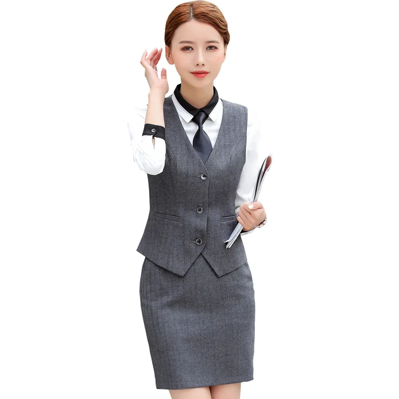 gray vest and skirt IZICFLY Бежевый полосатый костюм Женская юбка и комплект с маечкой официальные деловые костюмы женская жилетка офисная одежда рабочая одежда серый - Цвет: gray vest and skirt