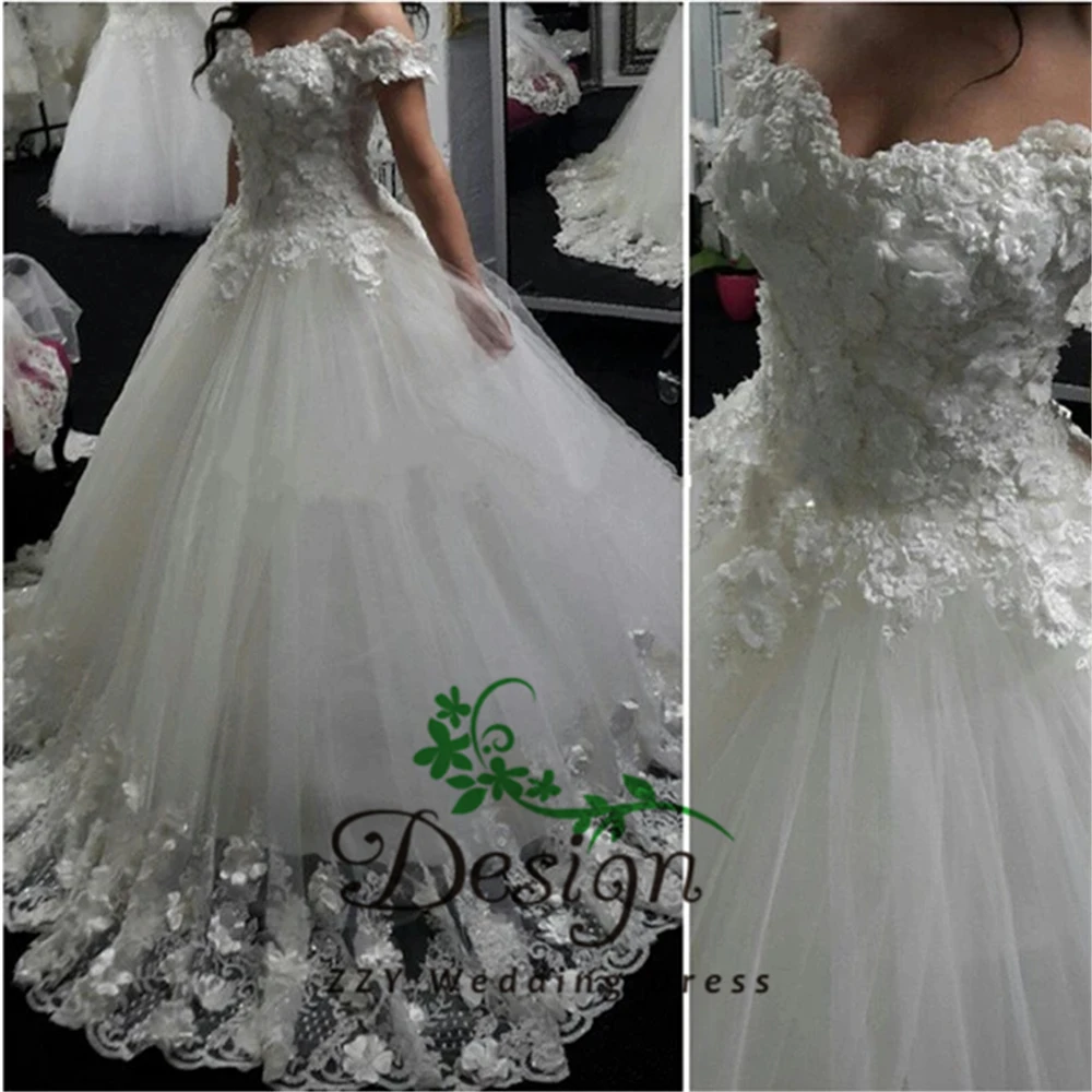 

Court Train White Flowers Appliques Organza And Tulle Wedding Dresses Off The Shoulder Custom-Made 2019 boho wedding dresses