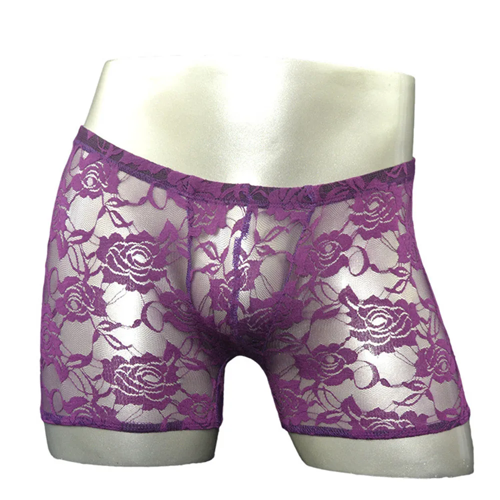 Кружевные шорты гей мужские трусики нижнее белье прозрачные мужские Прозрачное нижнее бельё для девочек розовые, с углублением Мужские Шорты для купания эротическая одежда - Цвет: Purple
